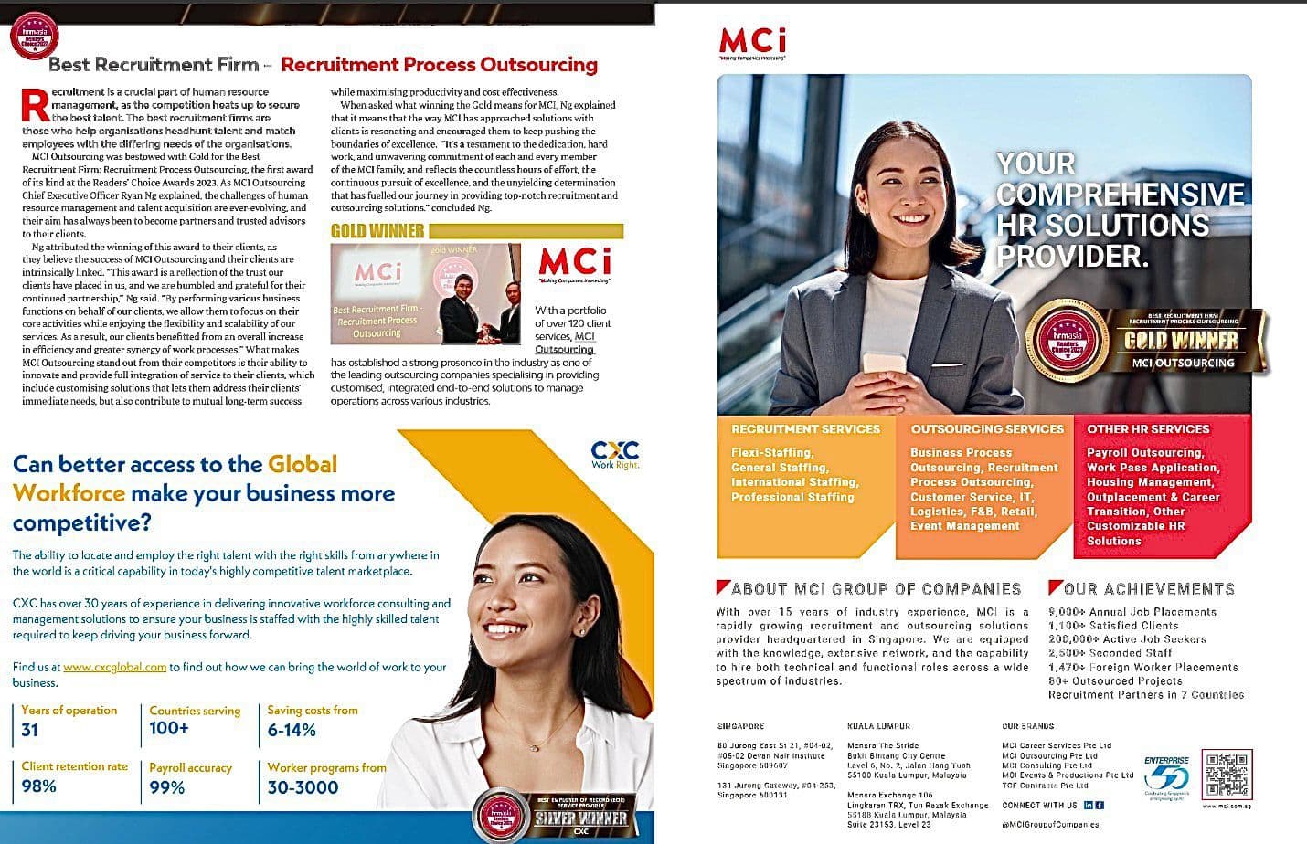 HRM Asia magazine feature on MCI Outsourcing's Gold win for Best Recruitment Firm: Recruitment Process Outsourcing